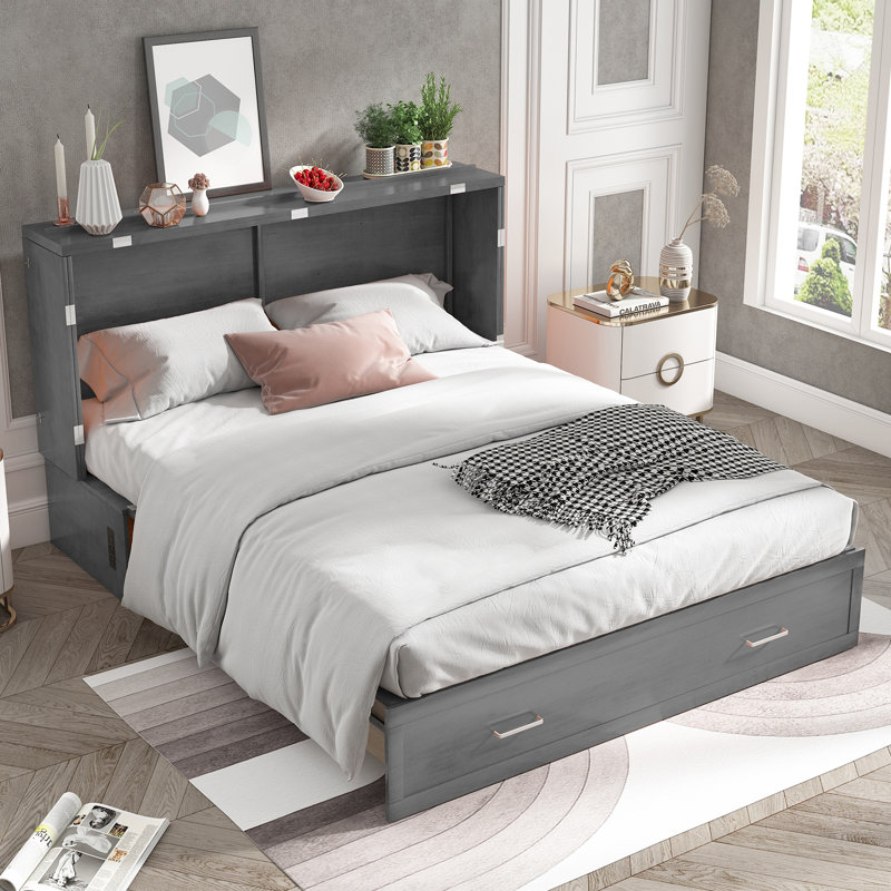 Latitude Run Queen Murphy Cabinet Bed Wall Bed with Charging Station Storage Solid Wood Frame Folding Mattress Ideal for Guest Room Office